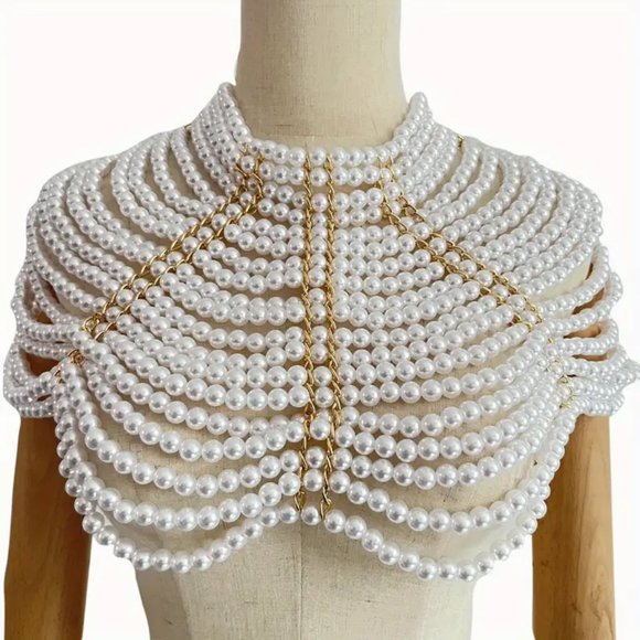 Handmade Faux Pearls Shawl Chain Boho Style Elegant Body Chain Jewelry - Picture 1 of 6